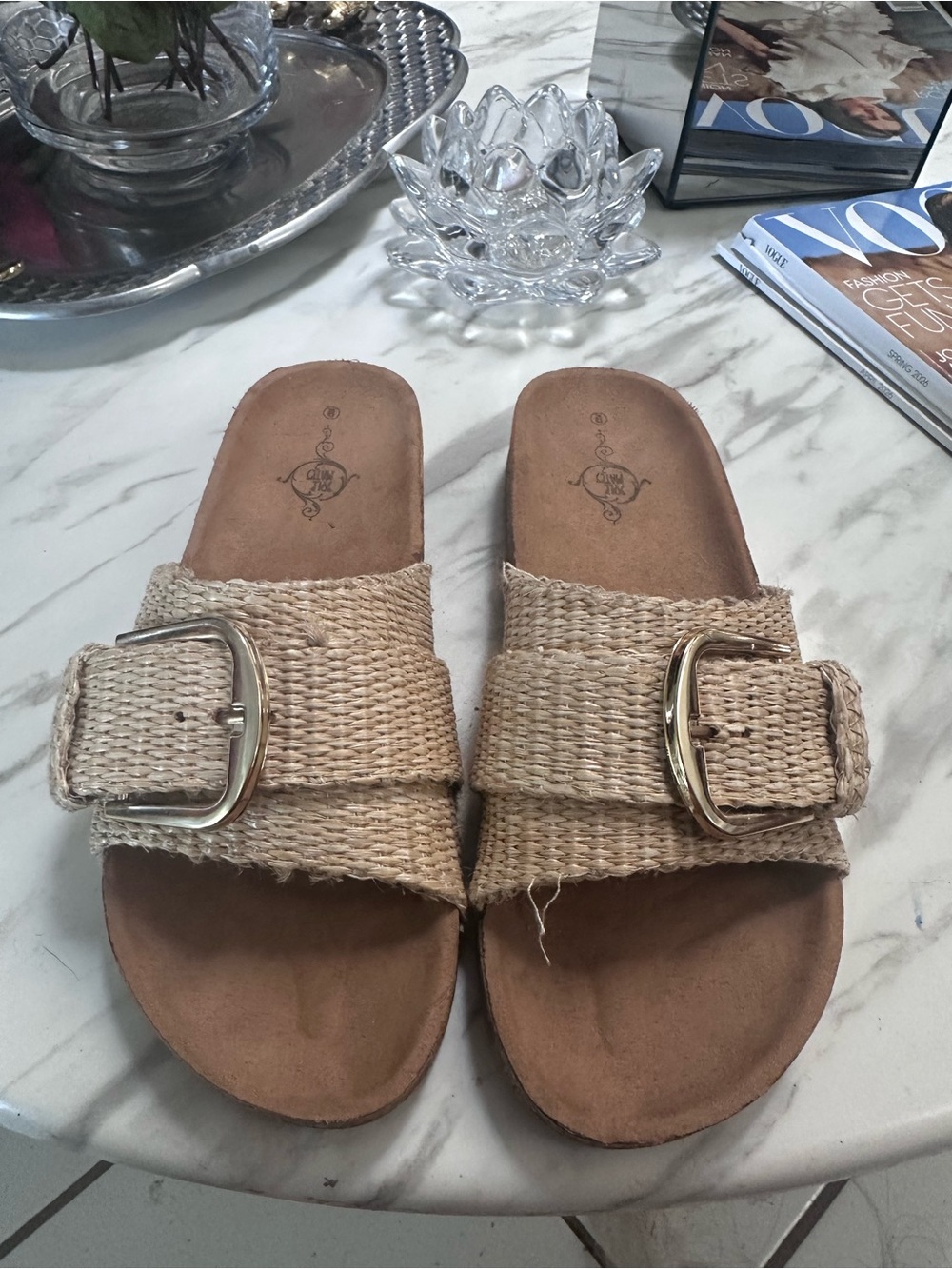 Woven Buckle Slide Sandals in Natural
